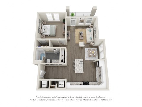 Floor plan for 1 bed, 1 bath, 828 sqft